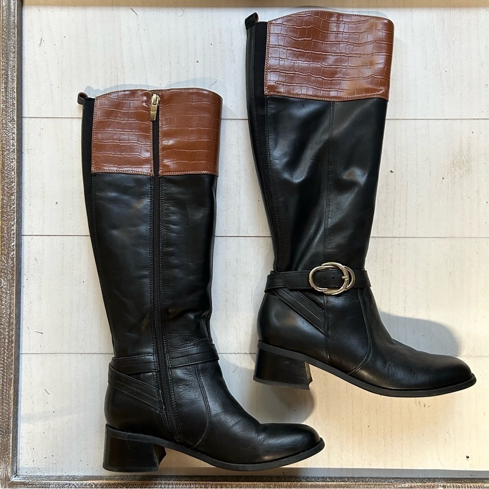 Marc Fisher Hailin Boots 6.5M Womens Leather Tall Shaft‎  Black Brown EUC - Picture 4 of 10